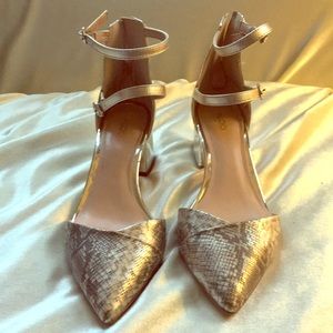 Gold pointed toe strappy block heel